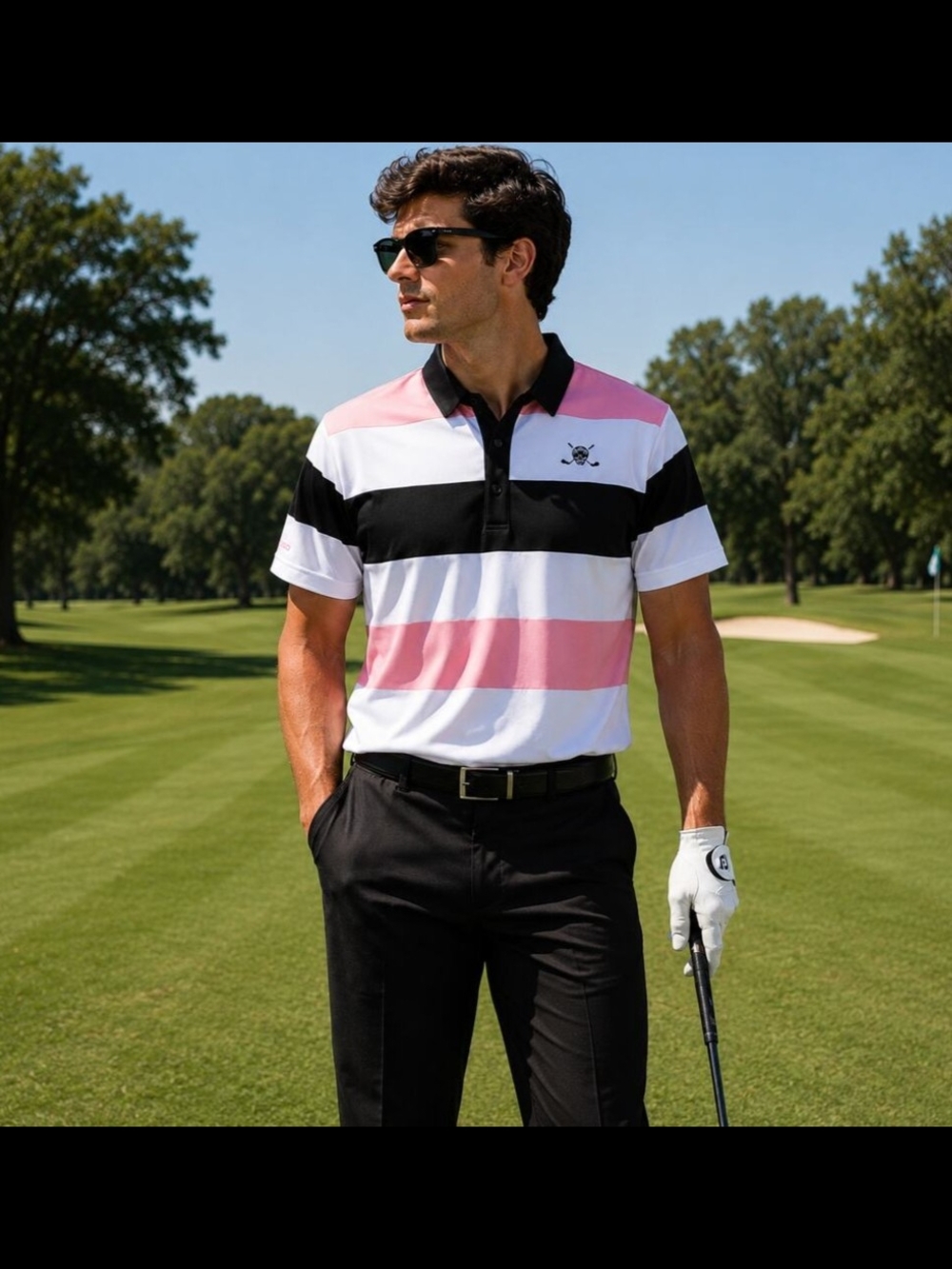 Men's Striped Polo Shirt in Pink, White & Black Chuco Golf
